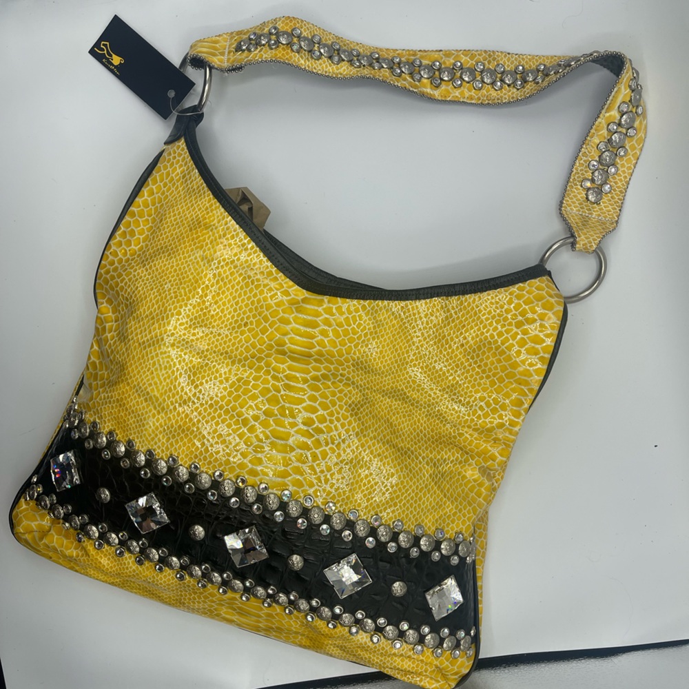 Stylish Yellow and Black Embellished Shoulder Bag